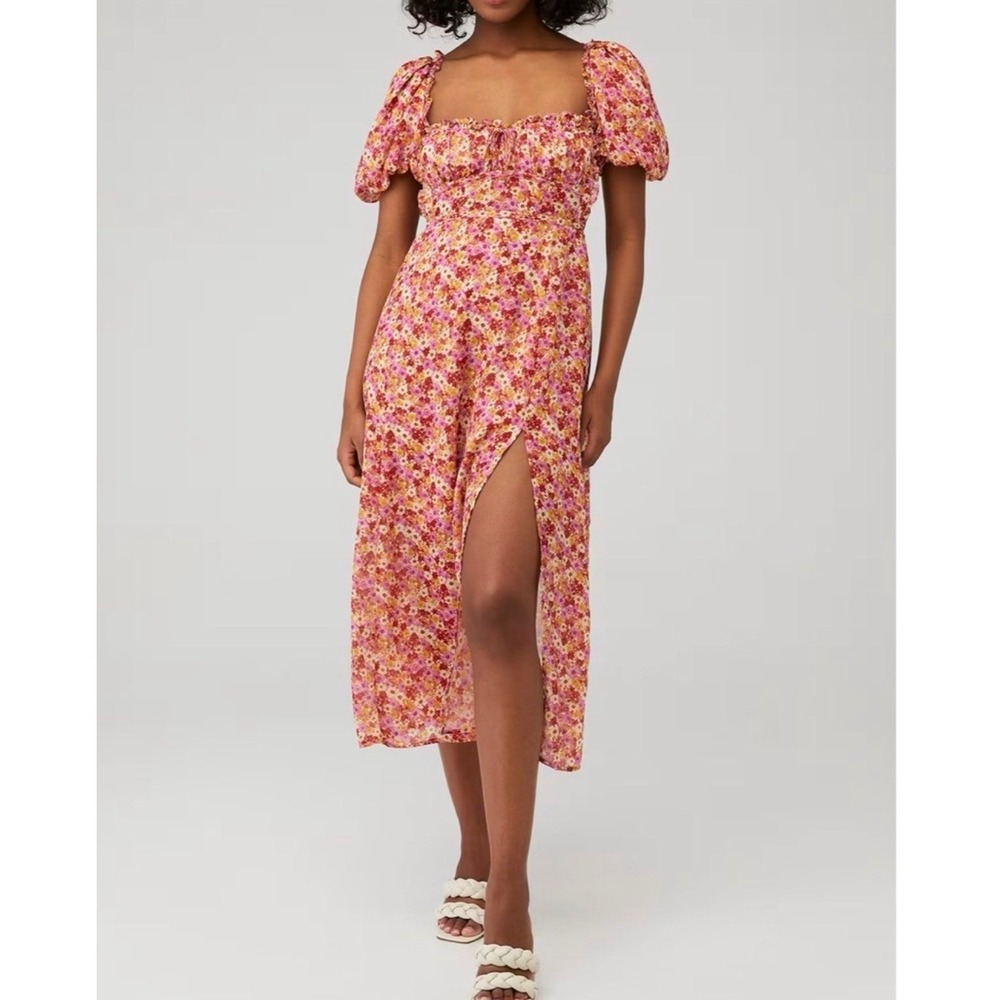 For Love & Lemons Pink Orange Floral Puff Sleeve Midi Milkmaid Dress Size Medium